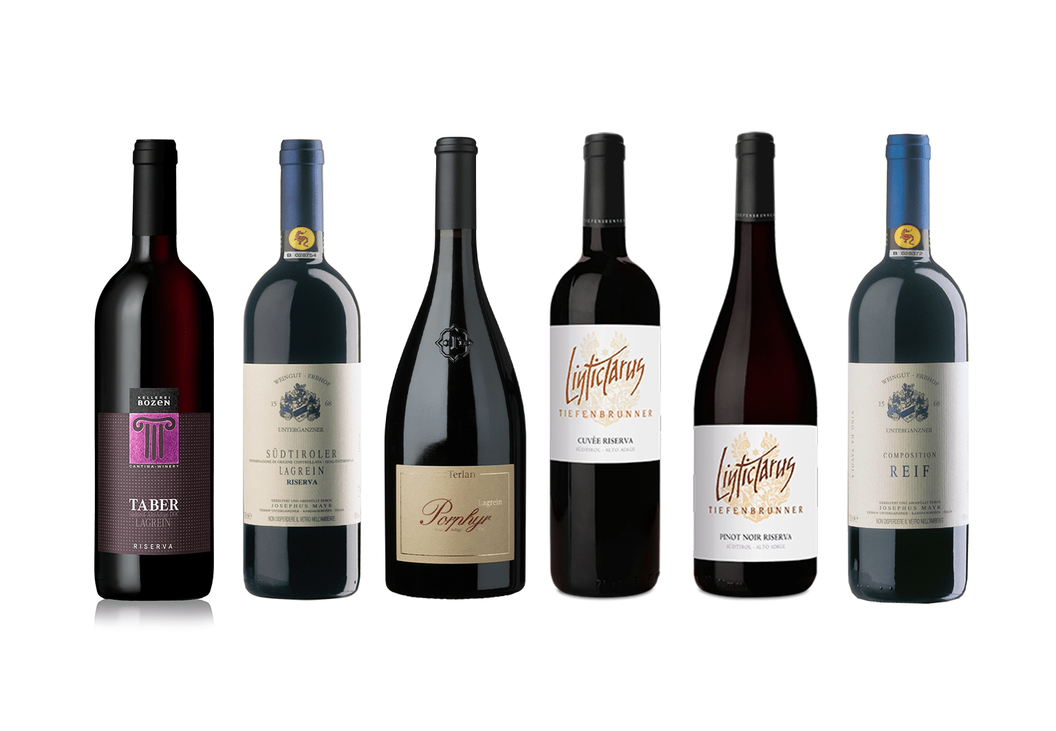 BEST OF SÜDTIROL red: Composition Reif 2020 0.75l, Lamarein 2021 0.75l.,Amistar Edizione 2019 0,75l.,Lagrein Riserva Taber 2020 0,75l., Linticlarus CUVEè Riserva 2020 0,75l., Merlot Nussleiten 2019 0,75l.