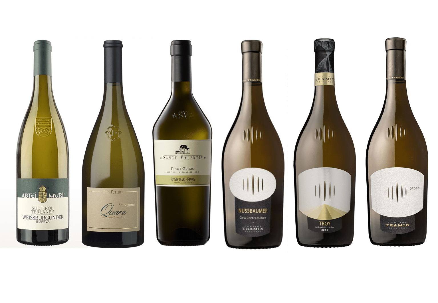 Best of South Tyrol - white: Chardonnay Troy, Stoan, Sauvignon Quarz, Weißburgunder Abtei Muri, Pinot Grigio St. Valentin, Gewürztraminer Nussbaumer