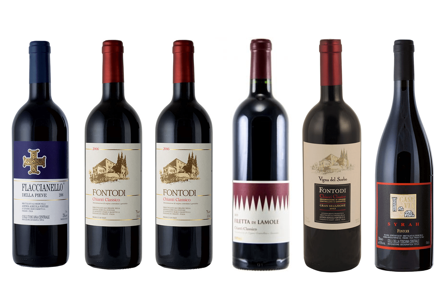 Degustationspaket Fontodi: 1Flaccianello 2019, 1Vigna del sorbo 2018 , 3Chianti Filetta di Lamole 2015, 1 Syrah Case via 2016